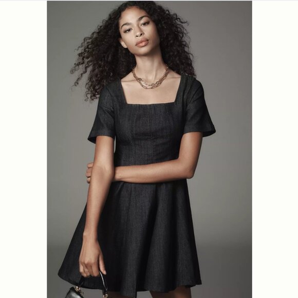 Anthropologie Pilcro Short-Sleeve Square-Neck Denim Mini Dress Babydoll NWT XS - Picture 1 of 11